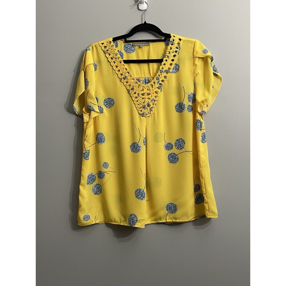 Daniel Rainn Women’s Yellow Floral Blouse L Hydrangea Crochet Neck Cottagecore